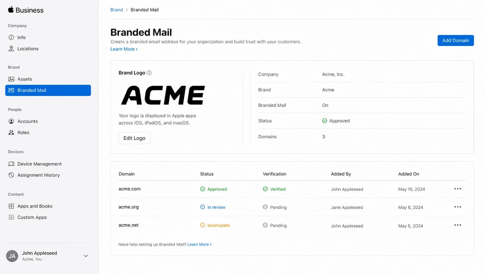 Apple Business Branded Mail screen with brand logo, domain status, and verification controls.
