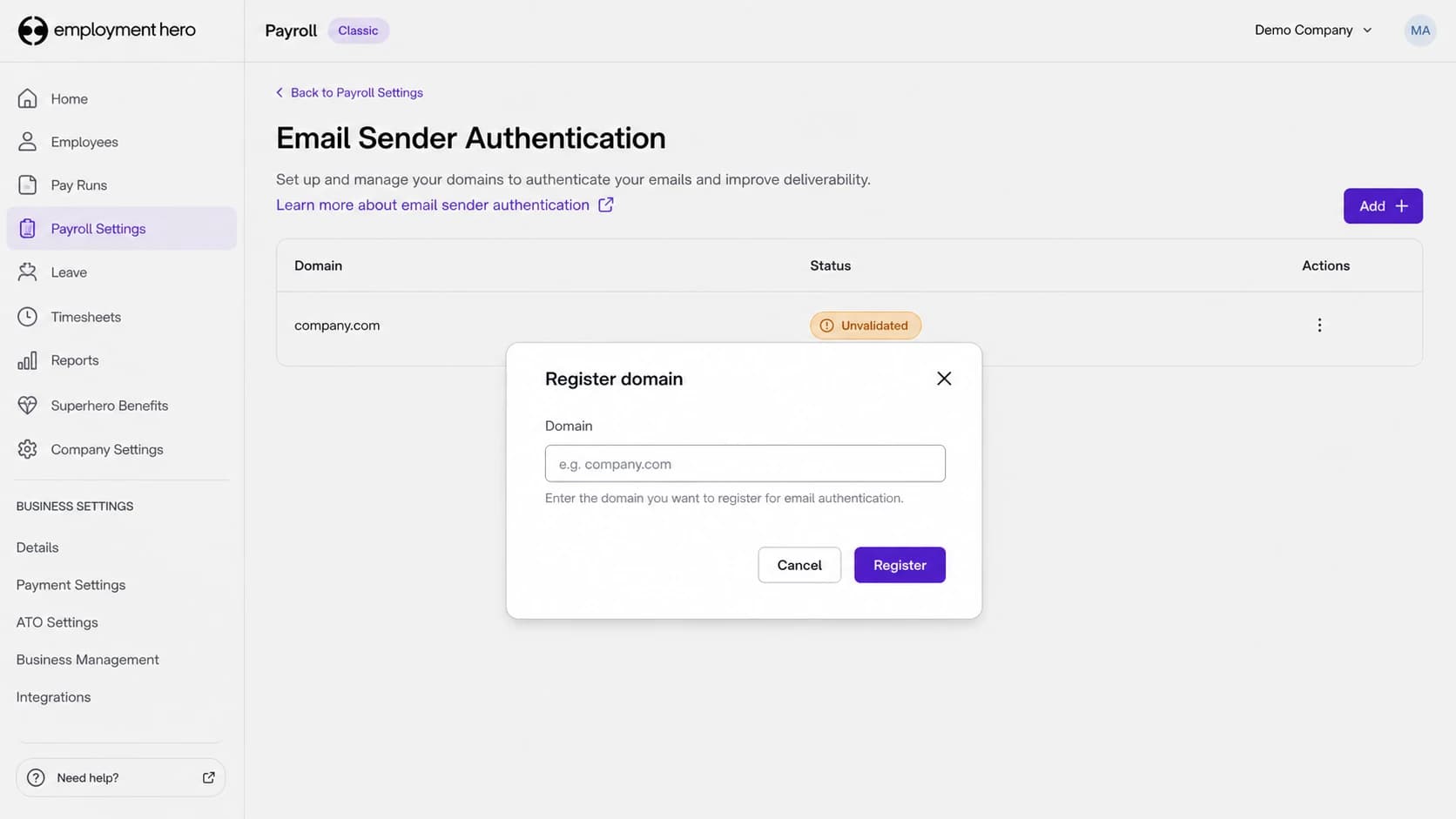 Employment Hero Email Sender Authentication page with a domain ready to register