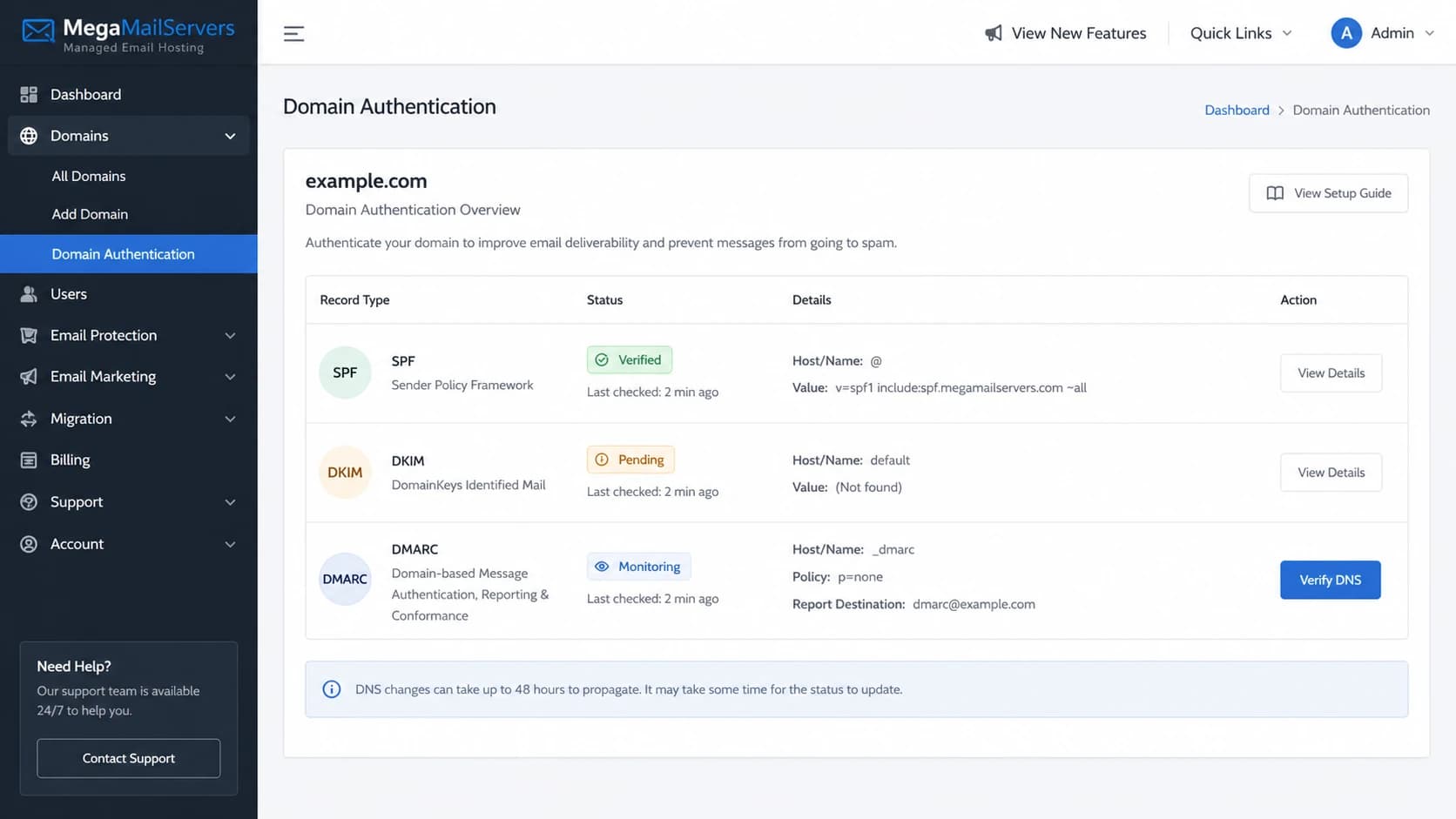 MegaMailServers authentication overview showing SPF, DKIM, and DMARC status
