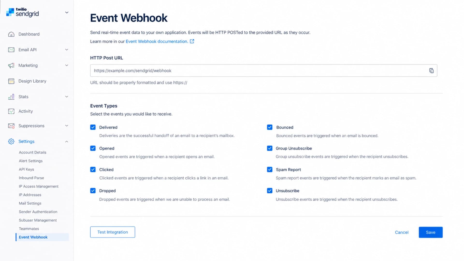 Twilio SendGrid Event Webhook settings screen with click and unsubscribe events enabled.