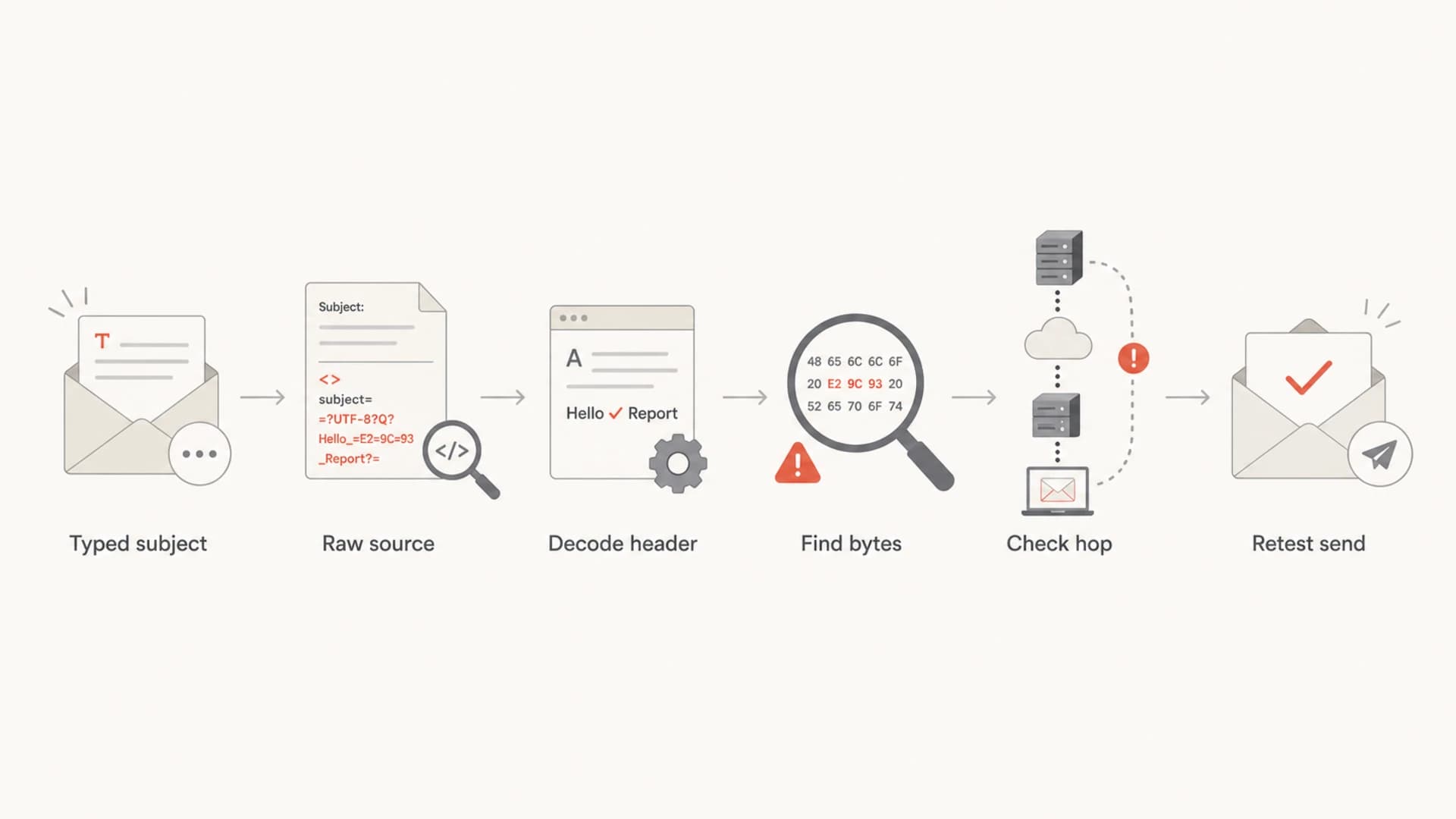 A debugging flow from typed subject to raw source, decoded header, byte check, hop check, and retest.