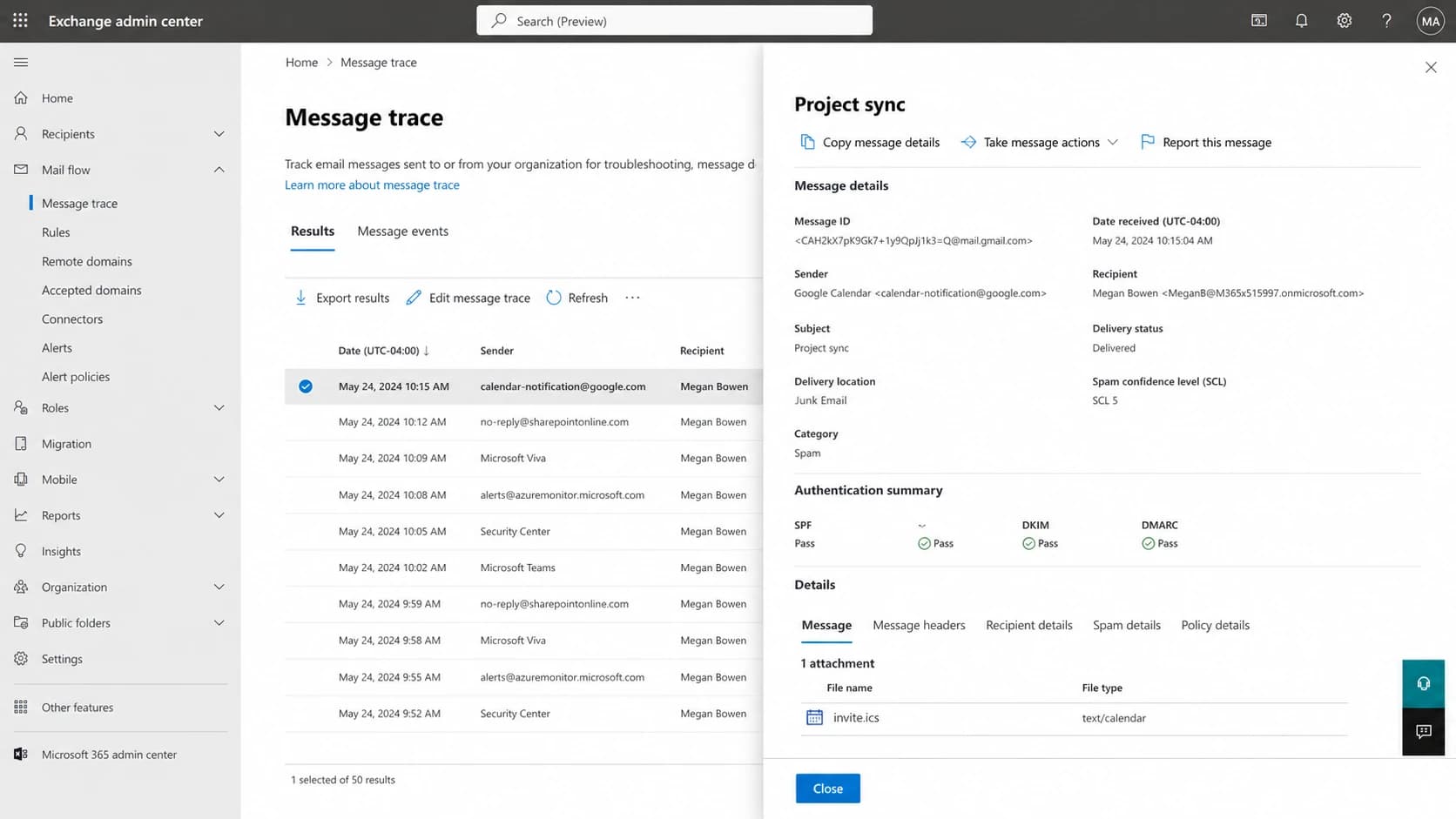Microsoft Exchange admin center message trace showing a calendar invite delivered to Junk Email with SCL 5.