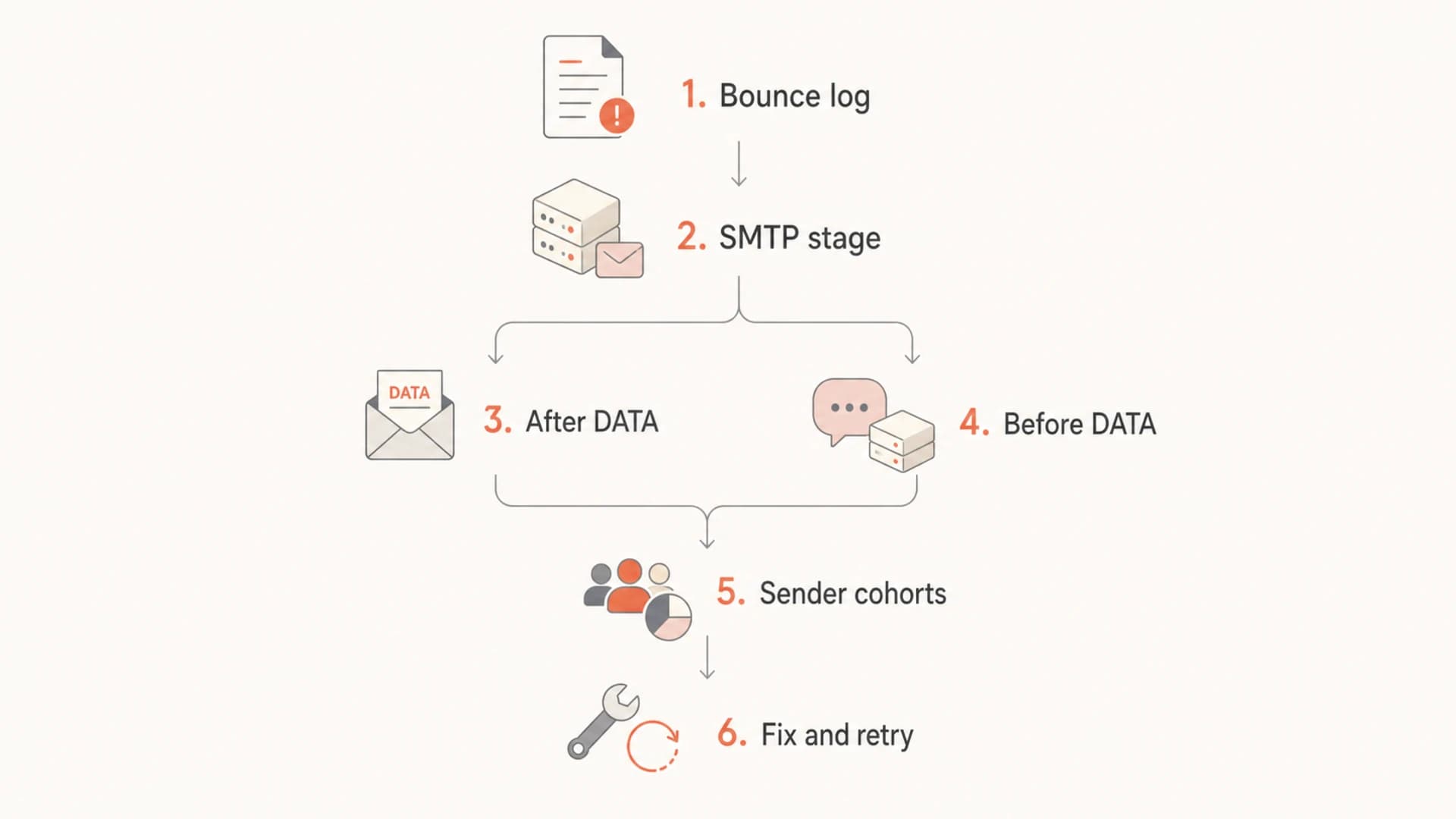Flowchart showing how to split Netease 451 4.3.2 errors by SMTP stage.