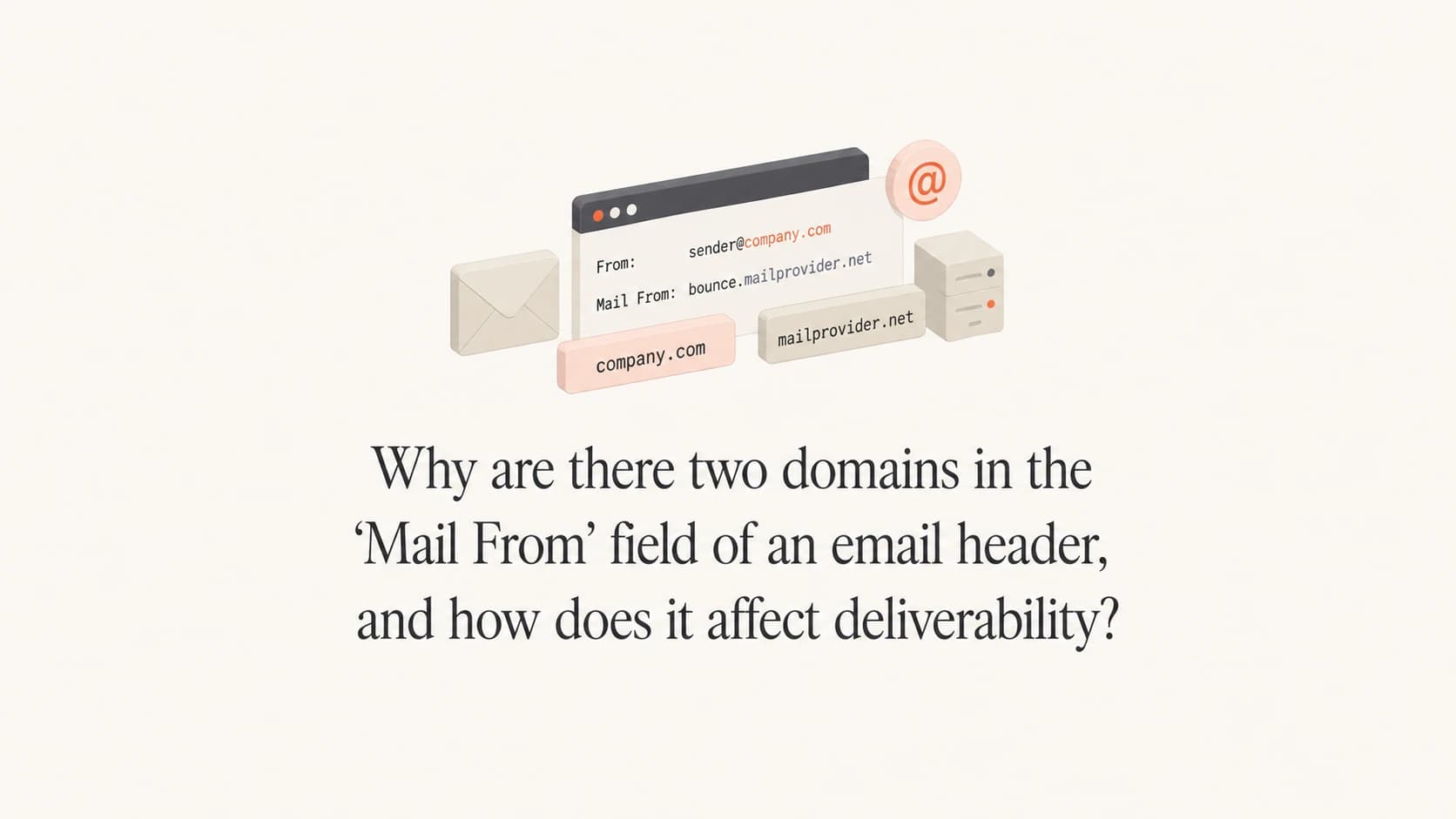 A calm editorial thumbnail showing email header tokens and two domain labels.