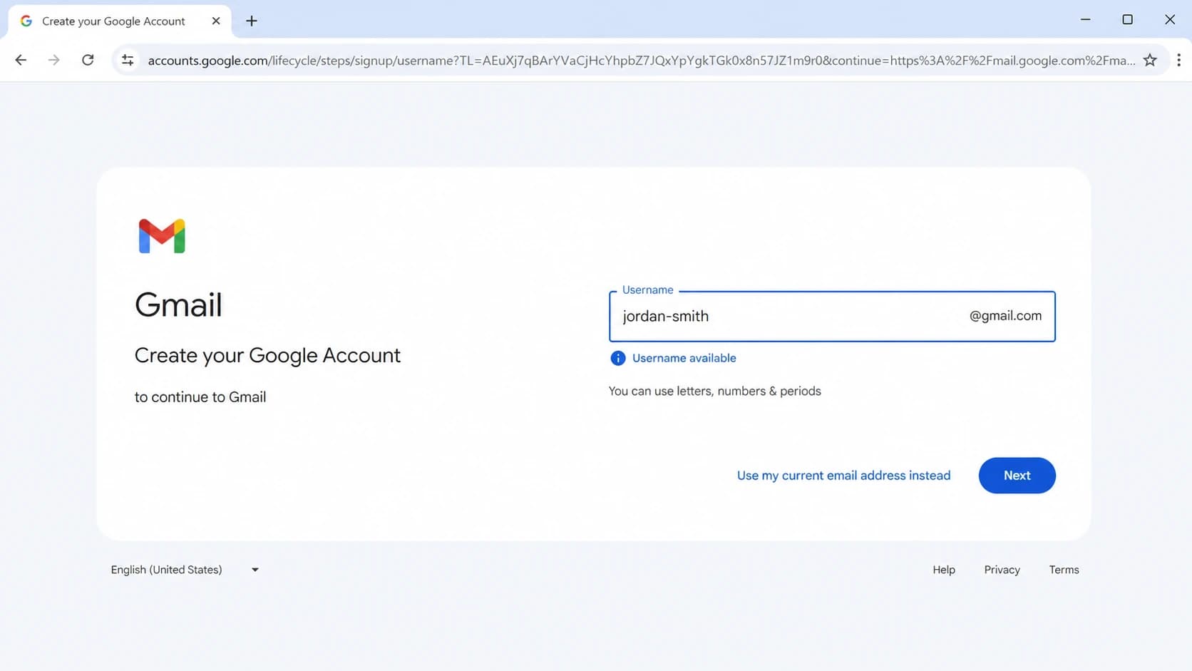 Gmail account creation screen with a username field and character guidance.