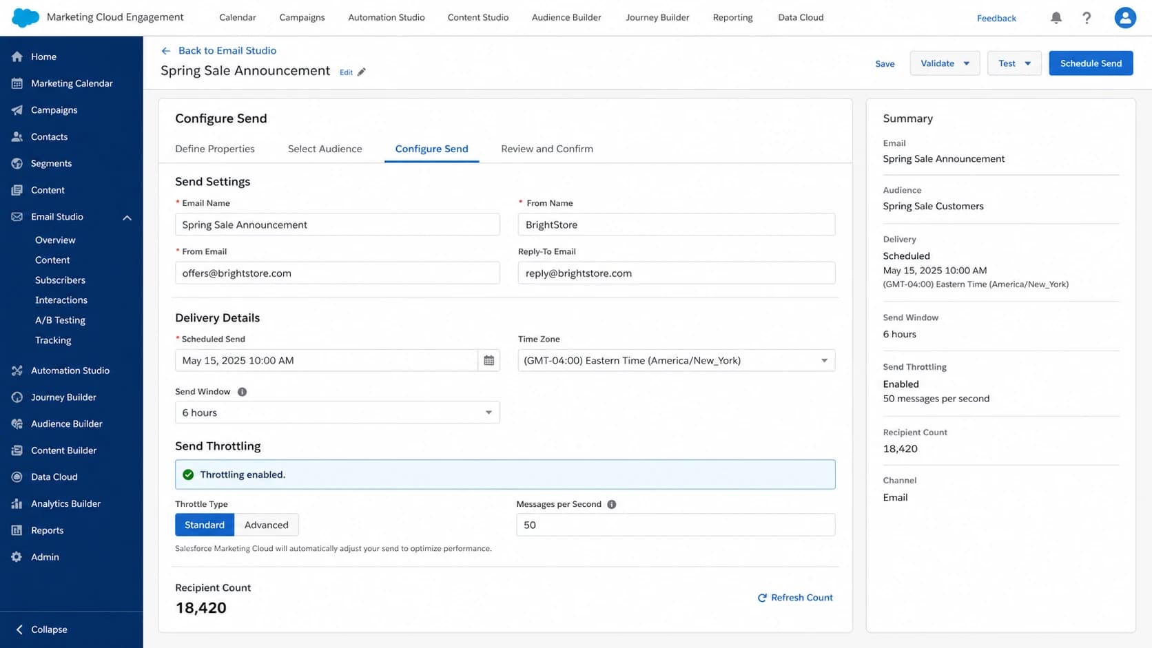 Salesforce Marketing Cloud Engagement send settings with throttling enabled.