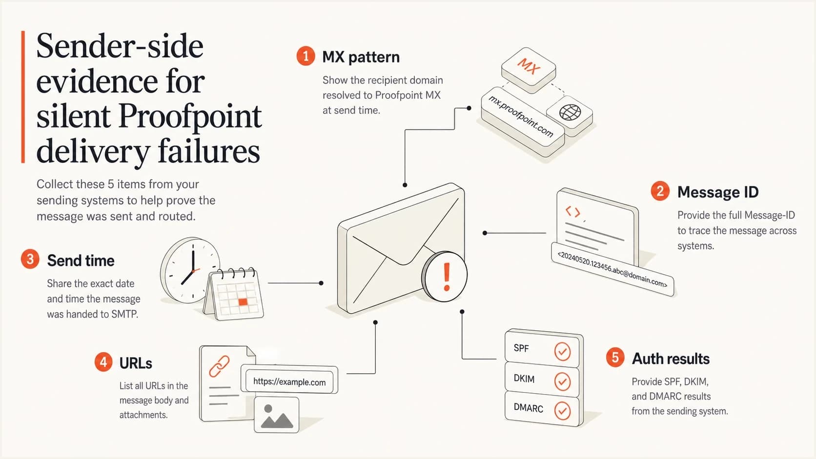 A Proofpoint troubleshooting evidence map with MX, message ID, time, URL, and authentication checks.