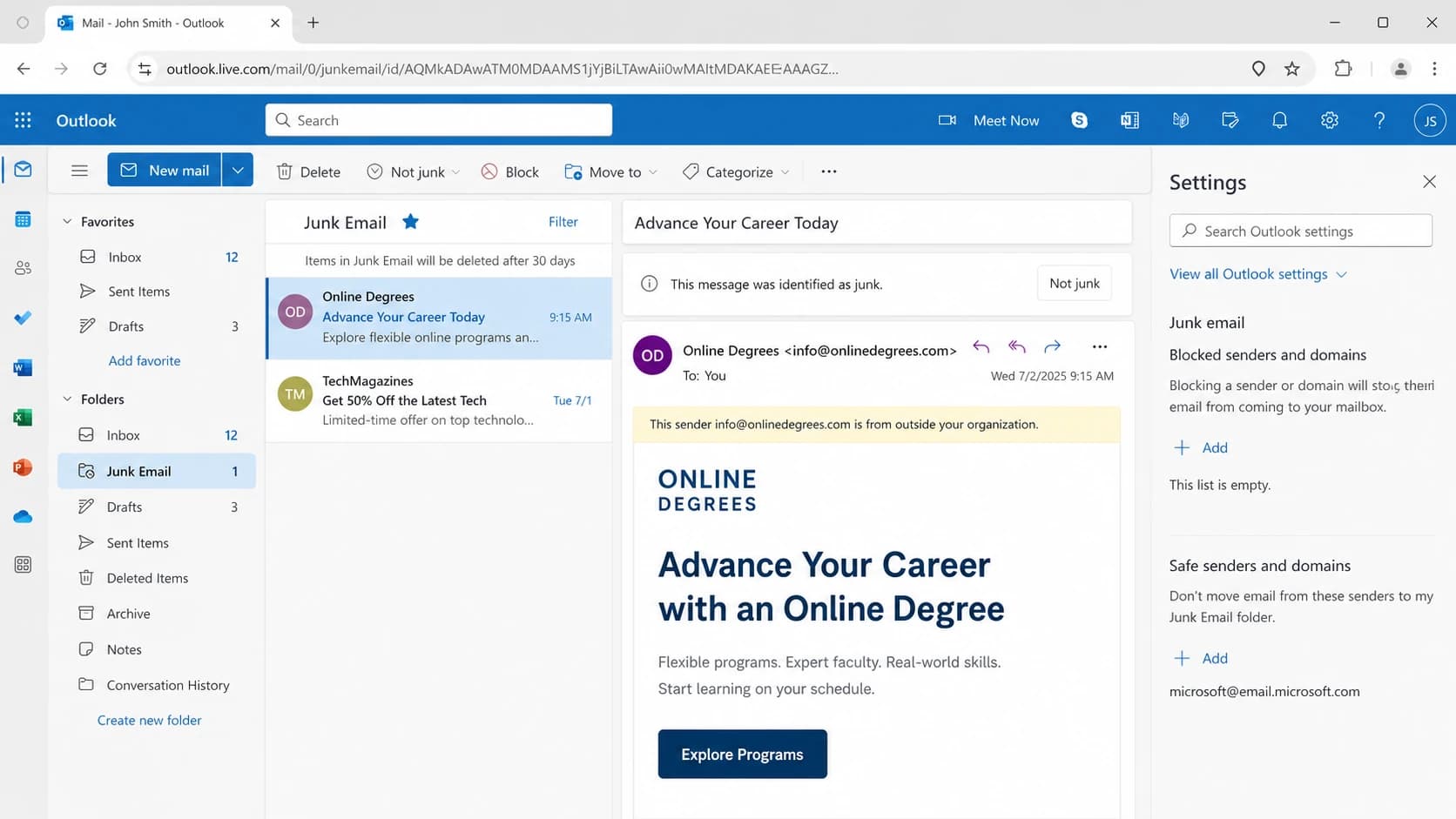 Microsoft Outlook on the web showing inbox, junk email, and sender settings