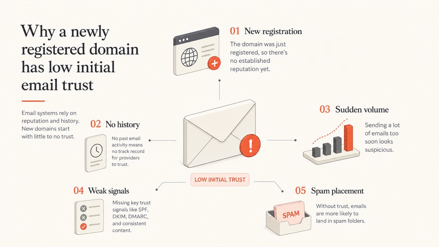 Five signals that make a newly registered domain risky for email filtering.