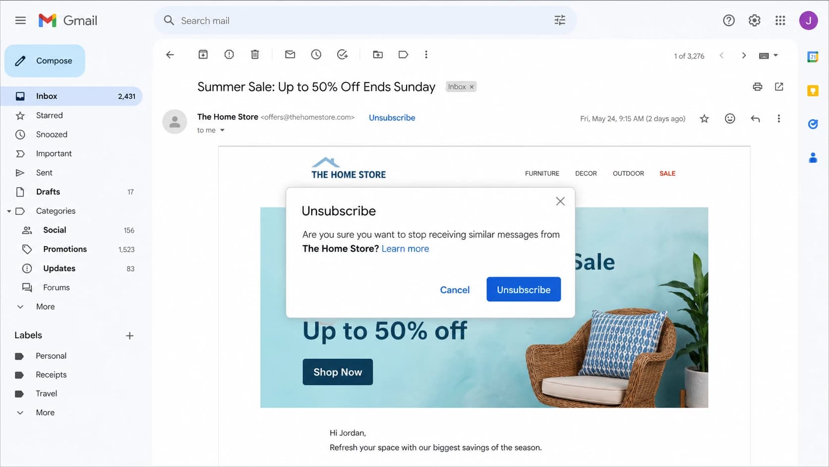 Gmail showing an unsubscribe control and a confirmation dialog.