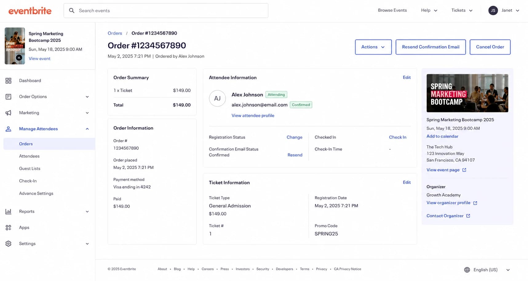 Eventbrite attendee registration screen showing a confirmed registration.