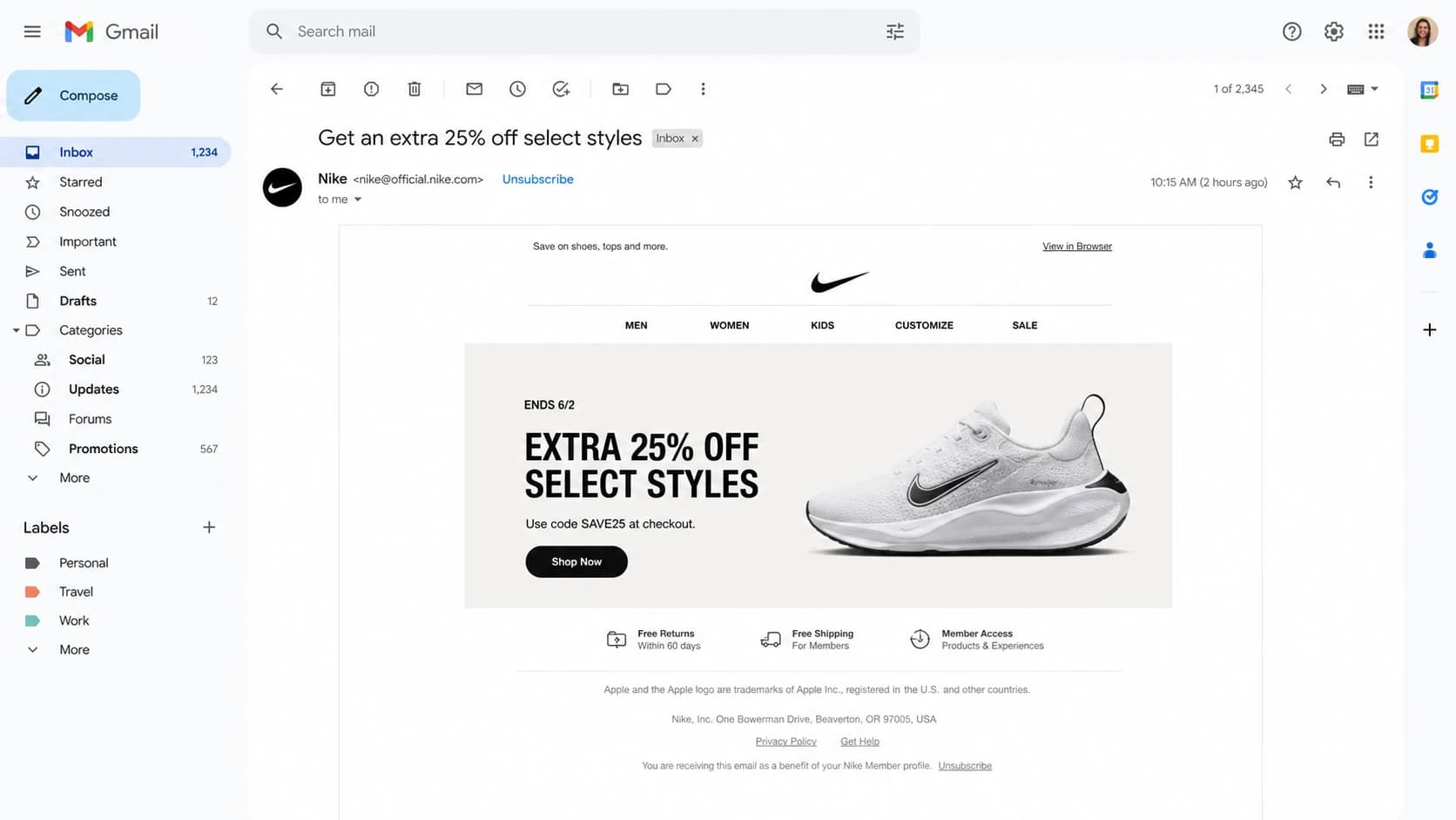 Gmail message view showing a native unsubscribe action and a footer link.