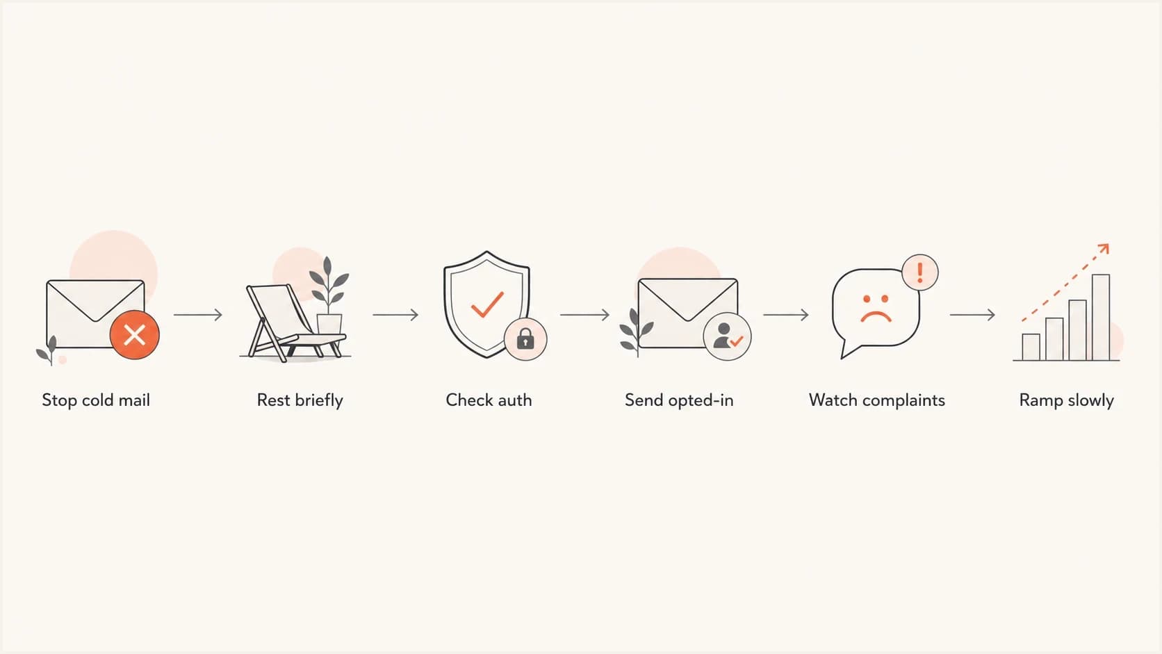 Reputation recovery flowchart for stopping cold mail, checking authentication, and ramping slowly.