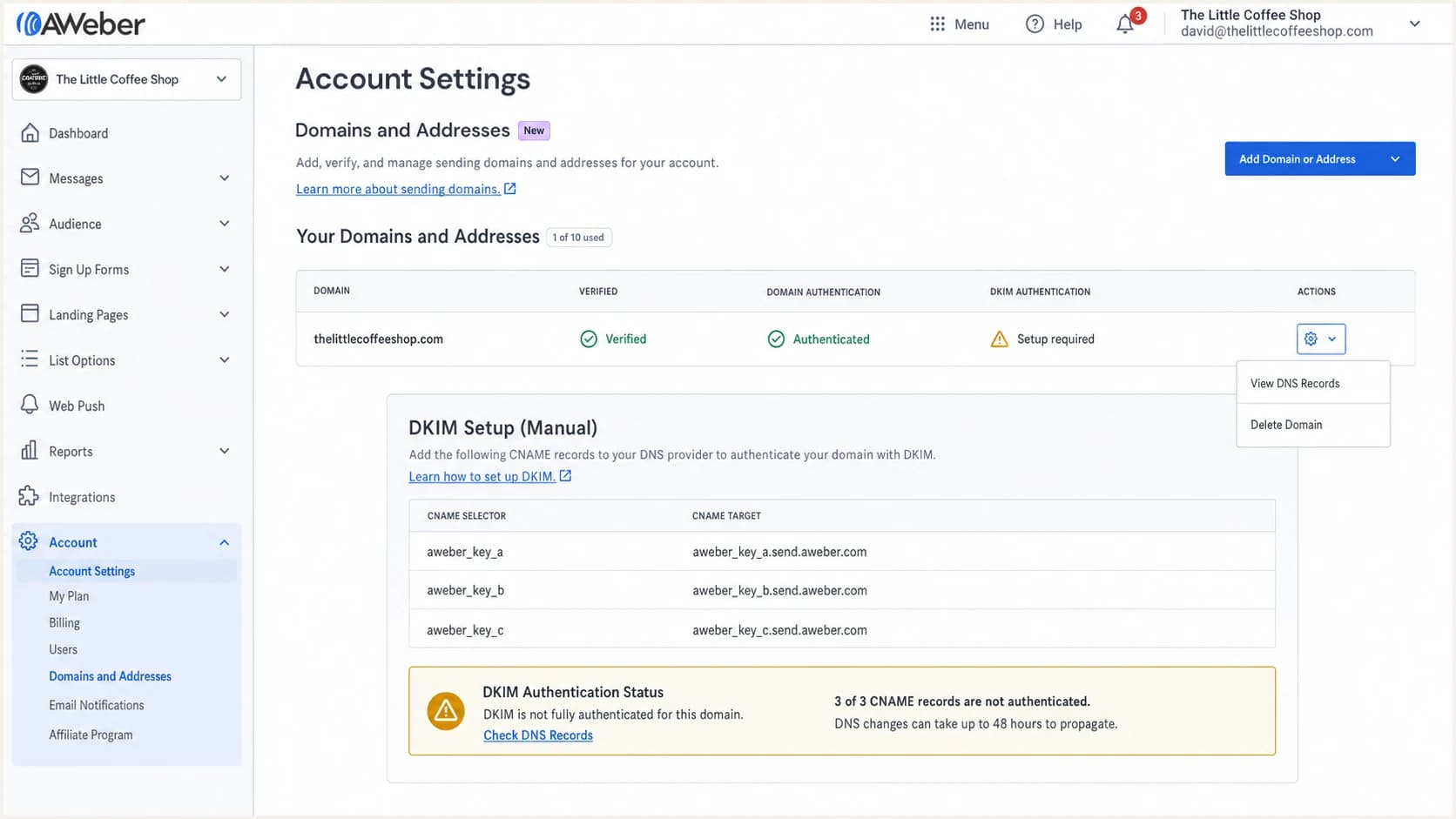 AWeber manual DKIM records for a verified domain