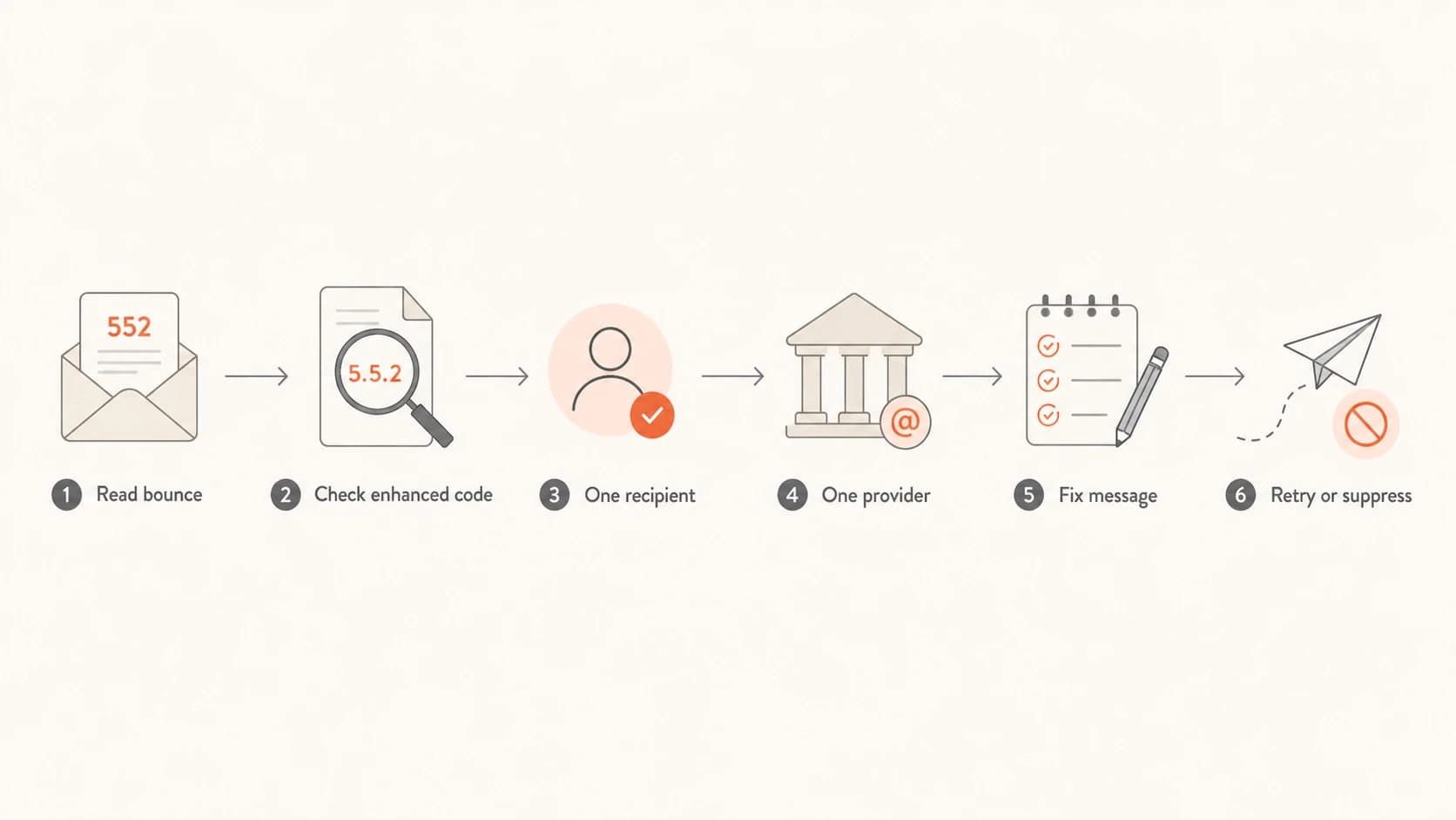 Flowchart for classifying an SMTP 552 bounce before retrying or suppressing.
