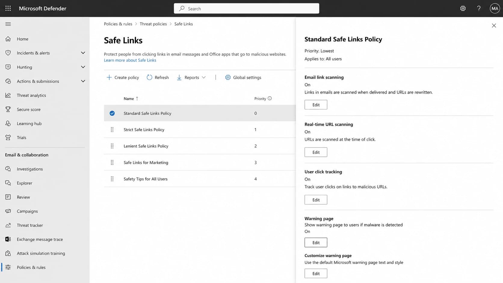 Microsoft Defender portal Safe Links policy settings for Office 365 email.