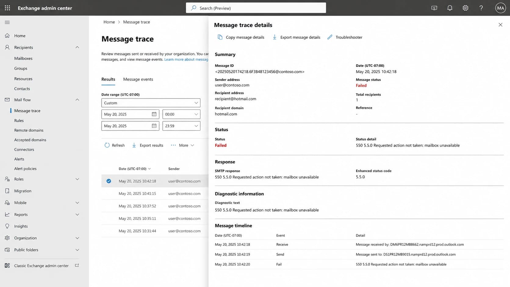 Microsoft Exchange admin center message trace showing a failed Hotmail delivery.