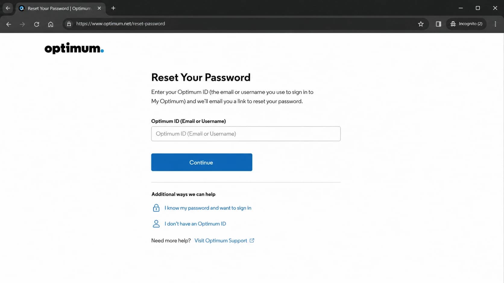 Optimum.net password reset page with a username field and continue button.