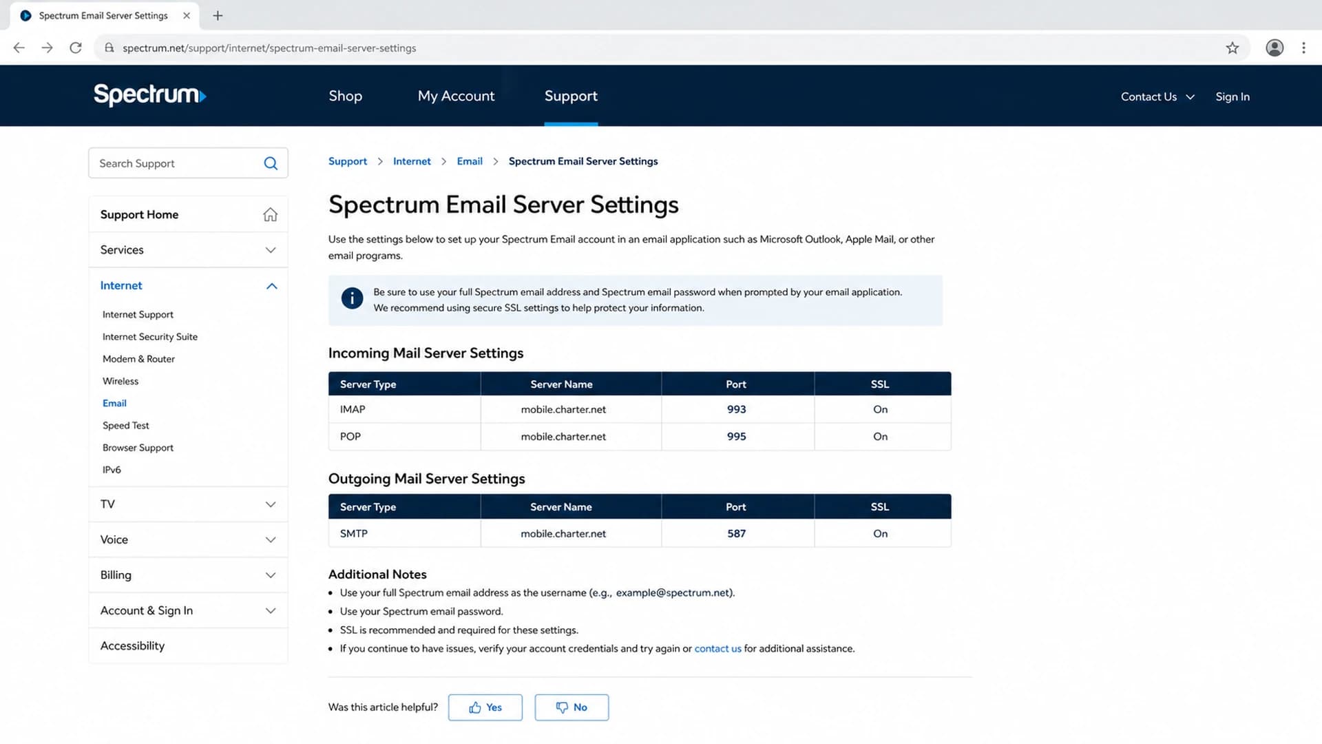 Spectrum Email Server Settings support page with incoming and outgoing mail settings.