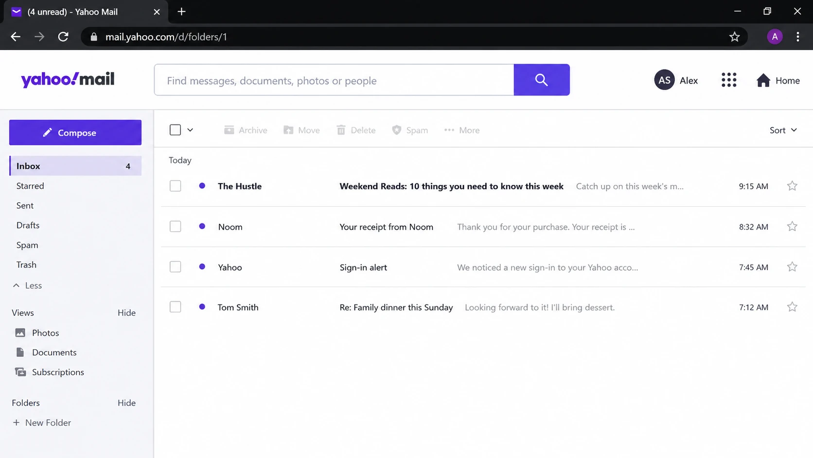 Yahoo Mail inbox view showing folders, message list, search, and account controls.