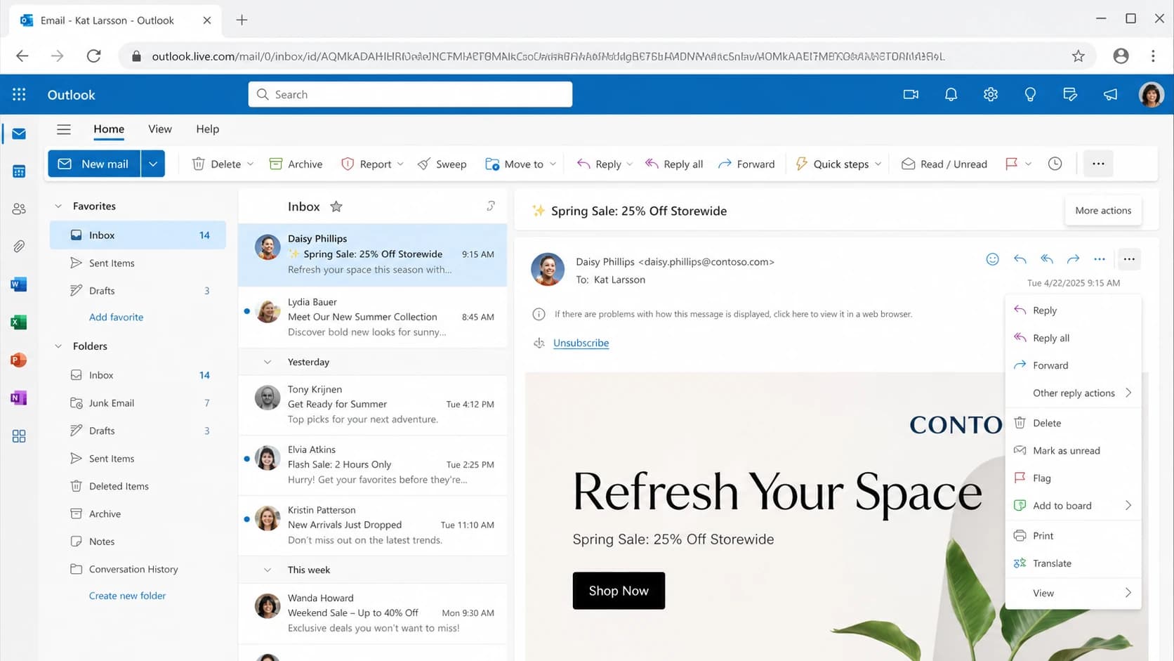 Microsoft Outlook on the web showing where an unsubscribe control can appear.