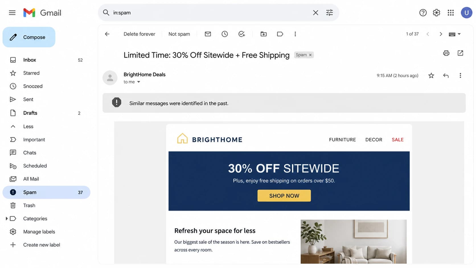 Gmail spam folder showing a message classified as similar to unwanted mail.