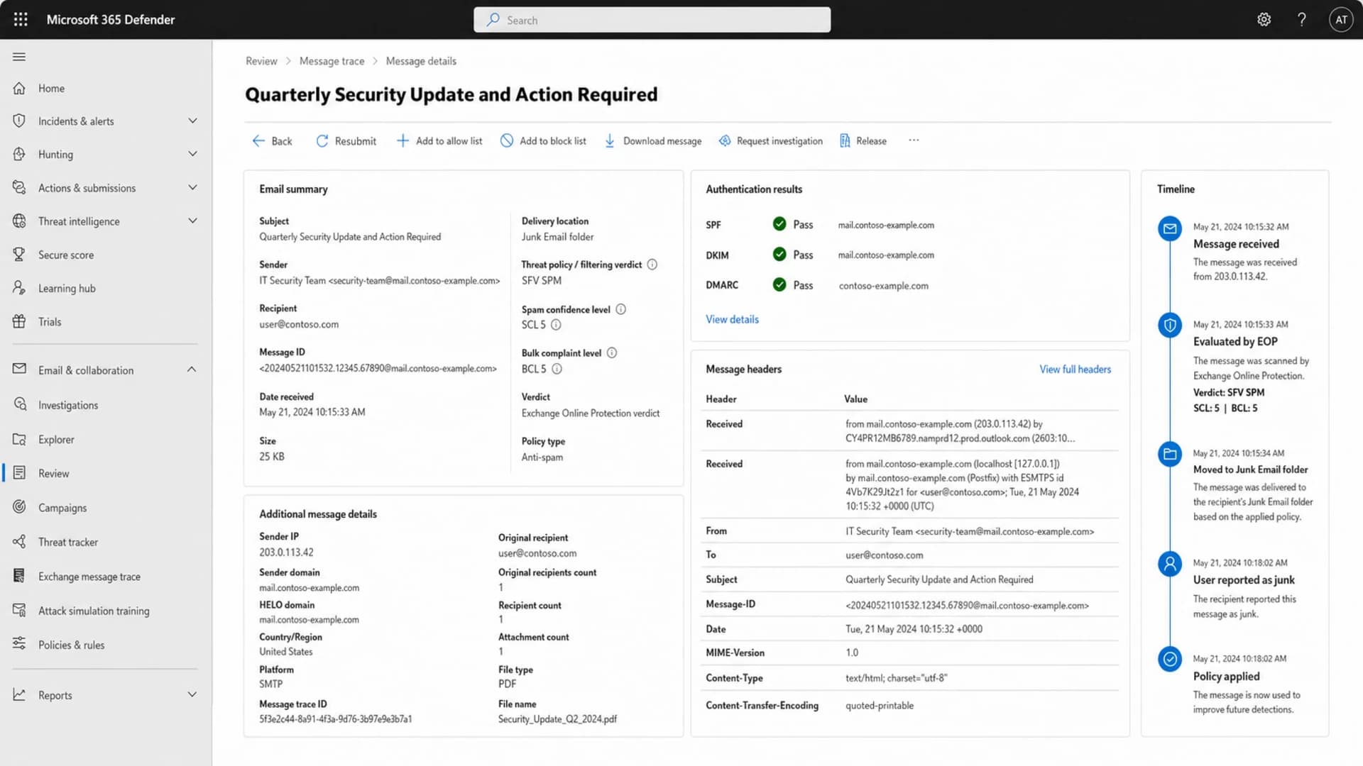 Microsoft 365 Defender message details showing SCL and delivery evidence.