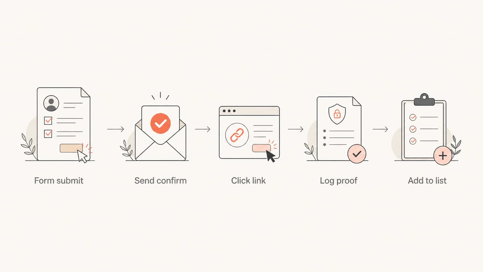Flowchart showing form submit, confirmation email, click, proof log, and list entry.
