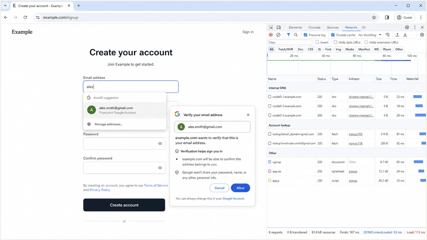 Google Chrome email autofill and verification permission during an EVP sign-up flow.