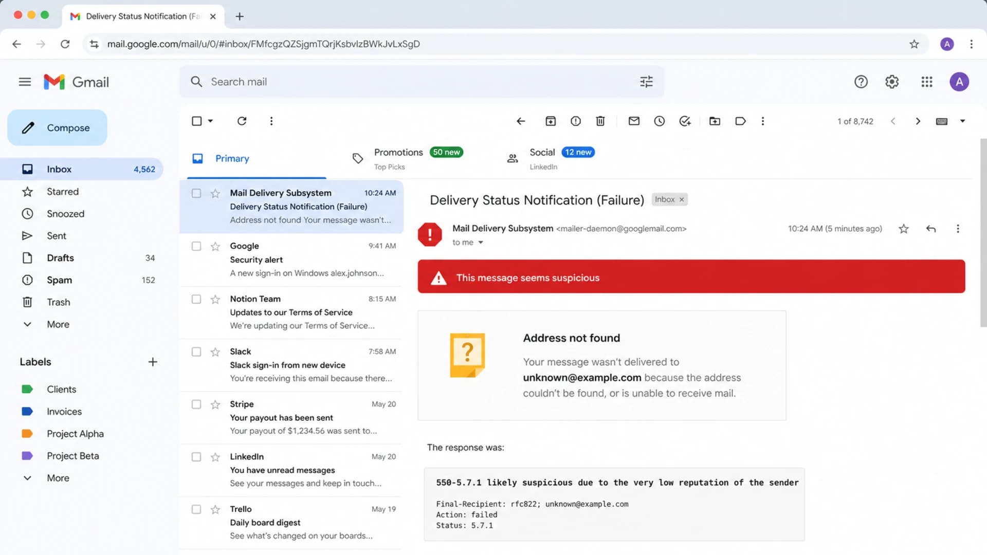 Gmail screen showing a suspicious message warning and low reputation rejection text.