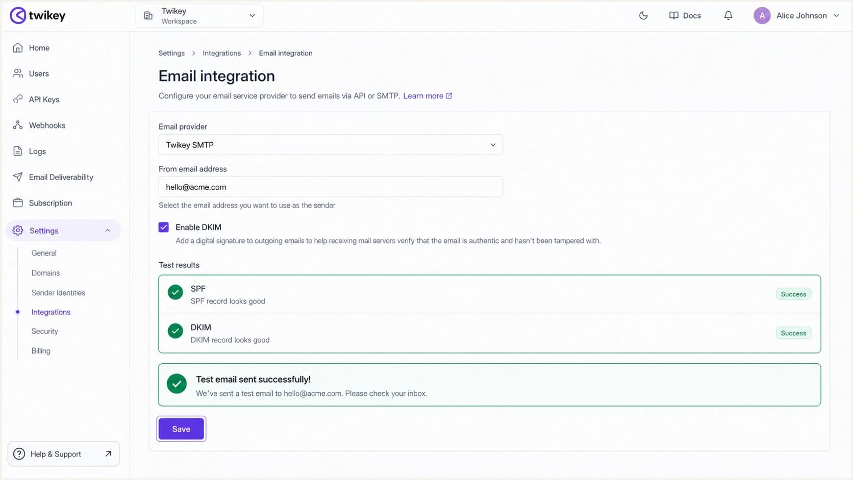 Successful SPF and DKIM test in Twikey