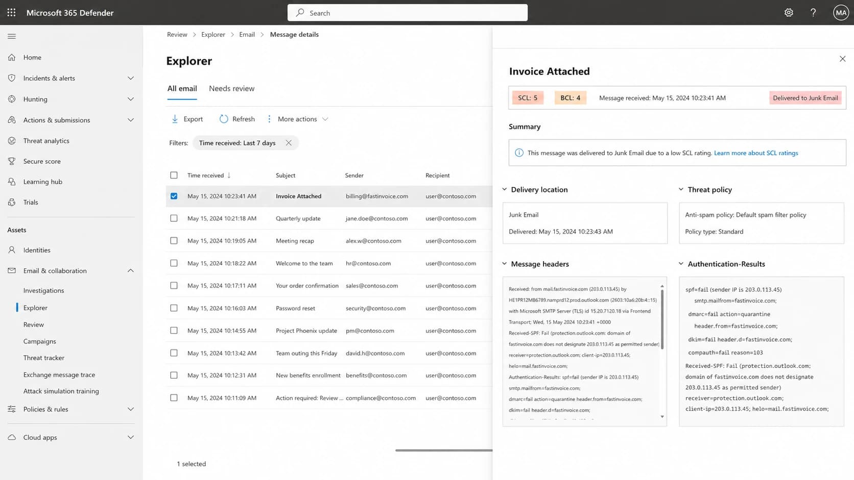 Microsoft Defender for Office 365 message details showing SCL and authentication results.