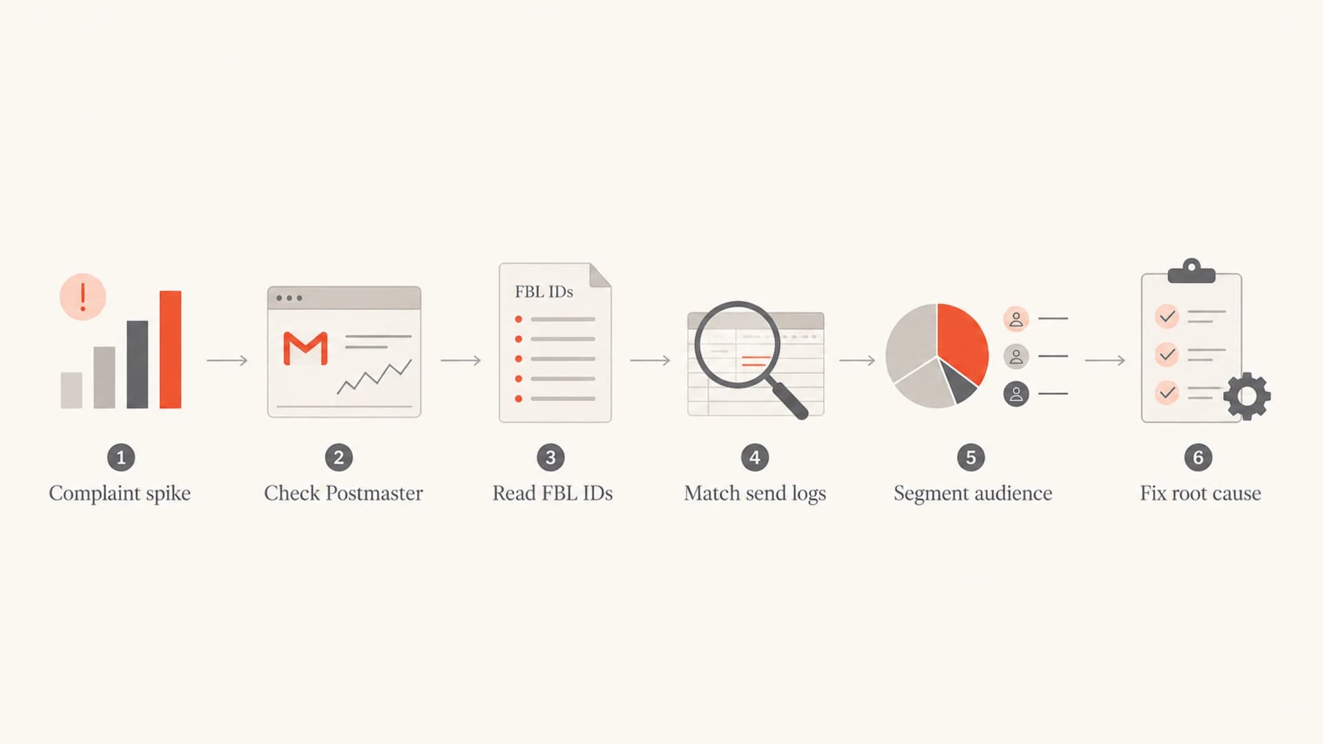Complaint investigation flow from Postmaster data to root-cause fix.