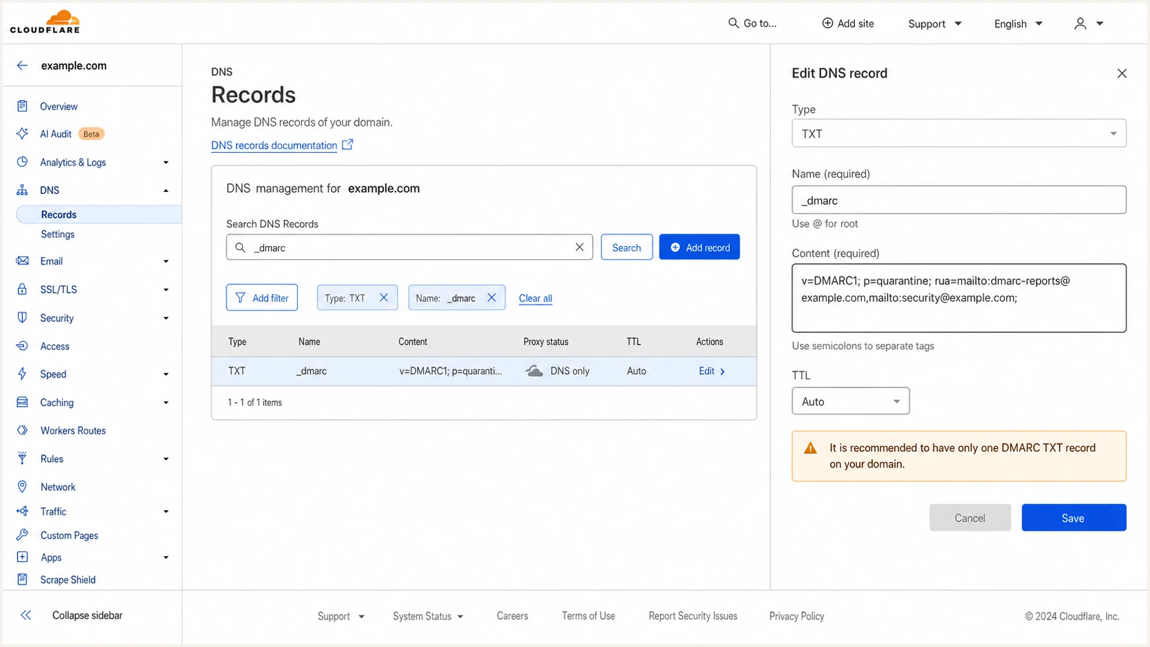 Cloudflare DNS editor showing one DMARC TXT record with two aggregate report destinations.