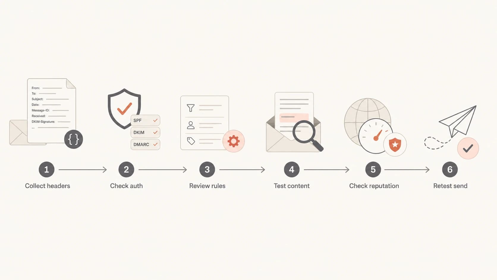 A six-step flowchart for troubleshooting Google Workspace spam placement.
