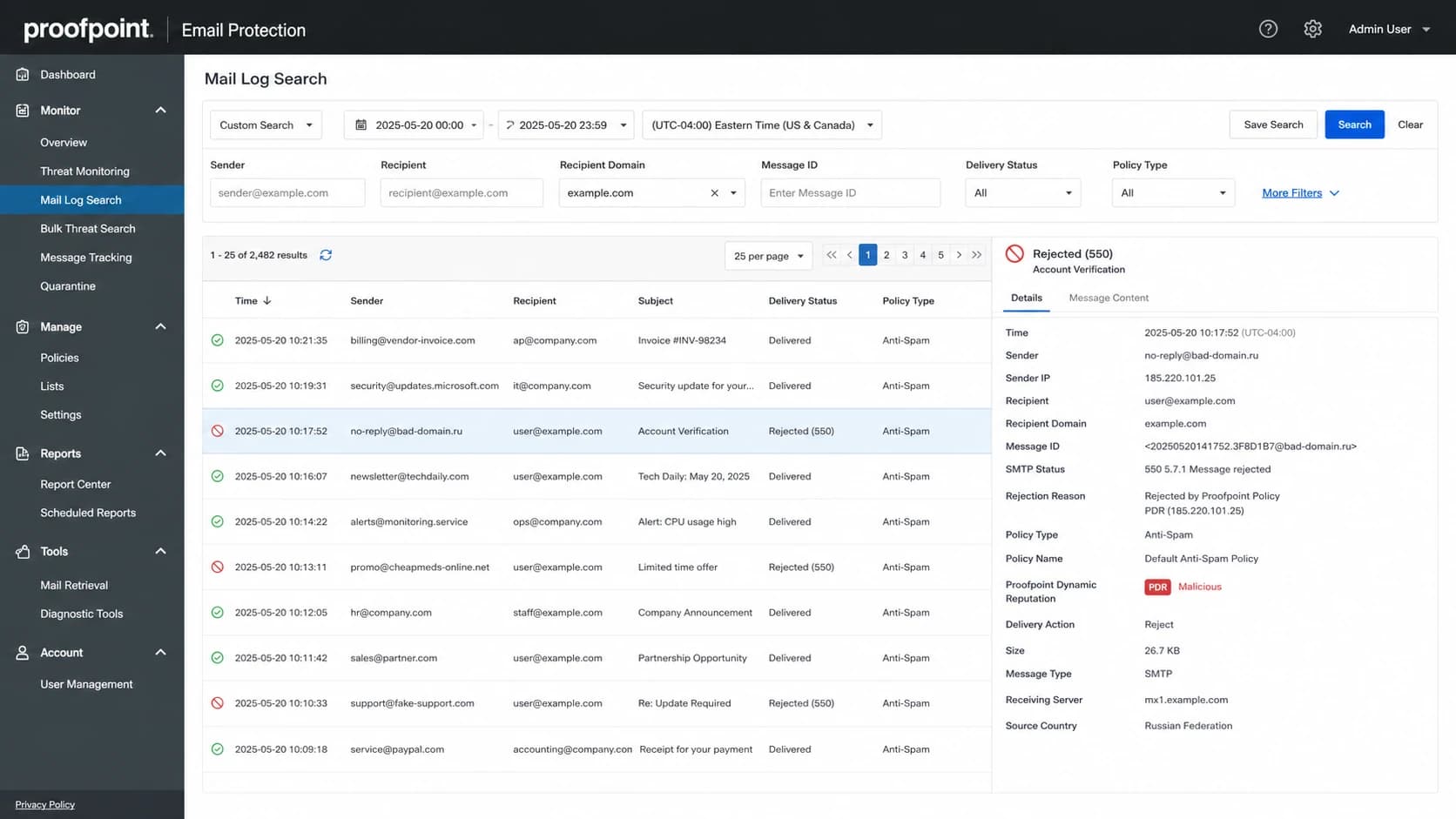 Proofpoint Email Protection mail log with a PDR-related rejection detail panel.