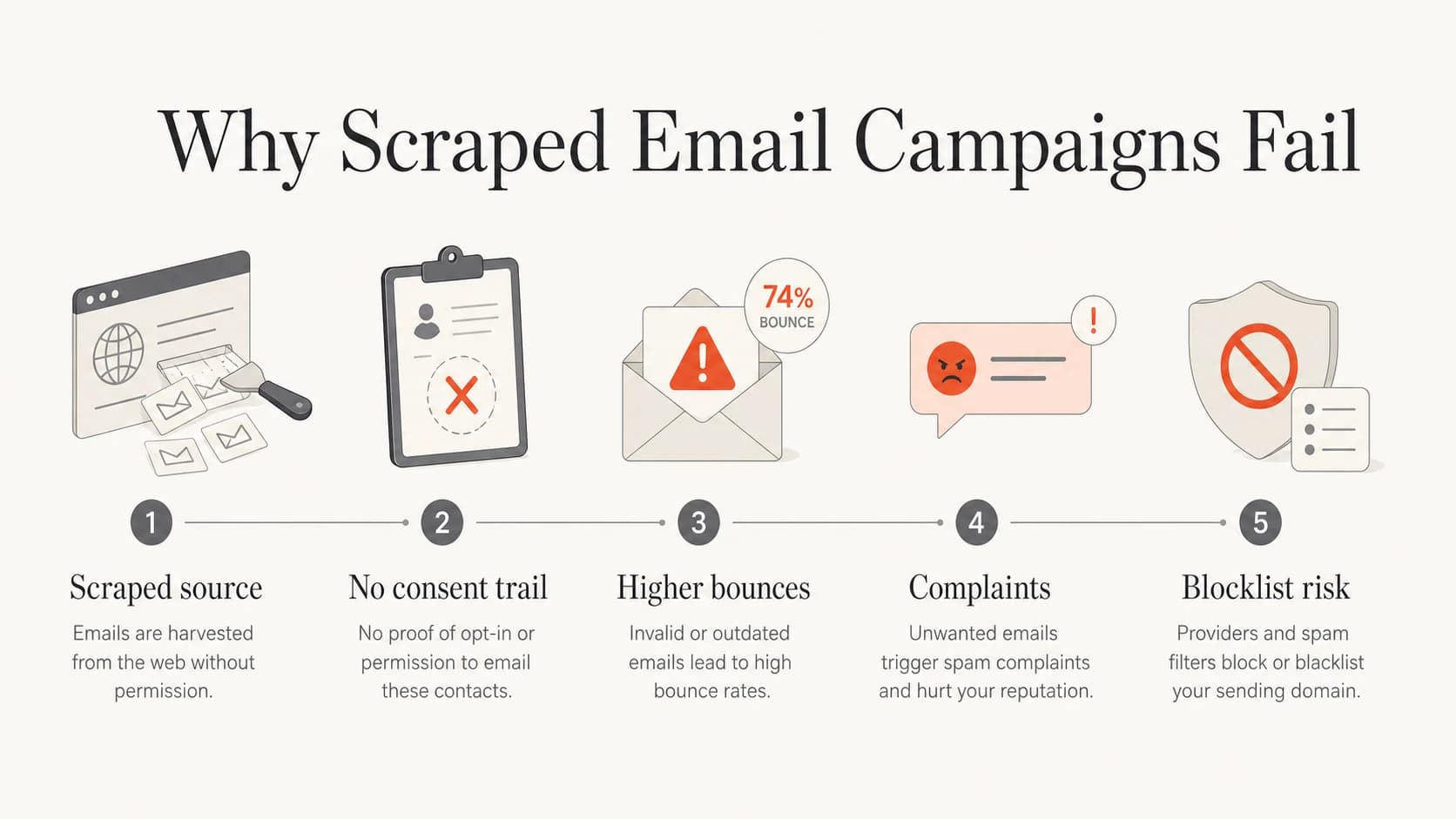 Scraped source, no consent trail, bounces, complaints, and blocklist risk shown as a simple risk chain.