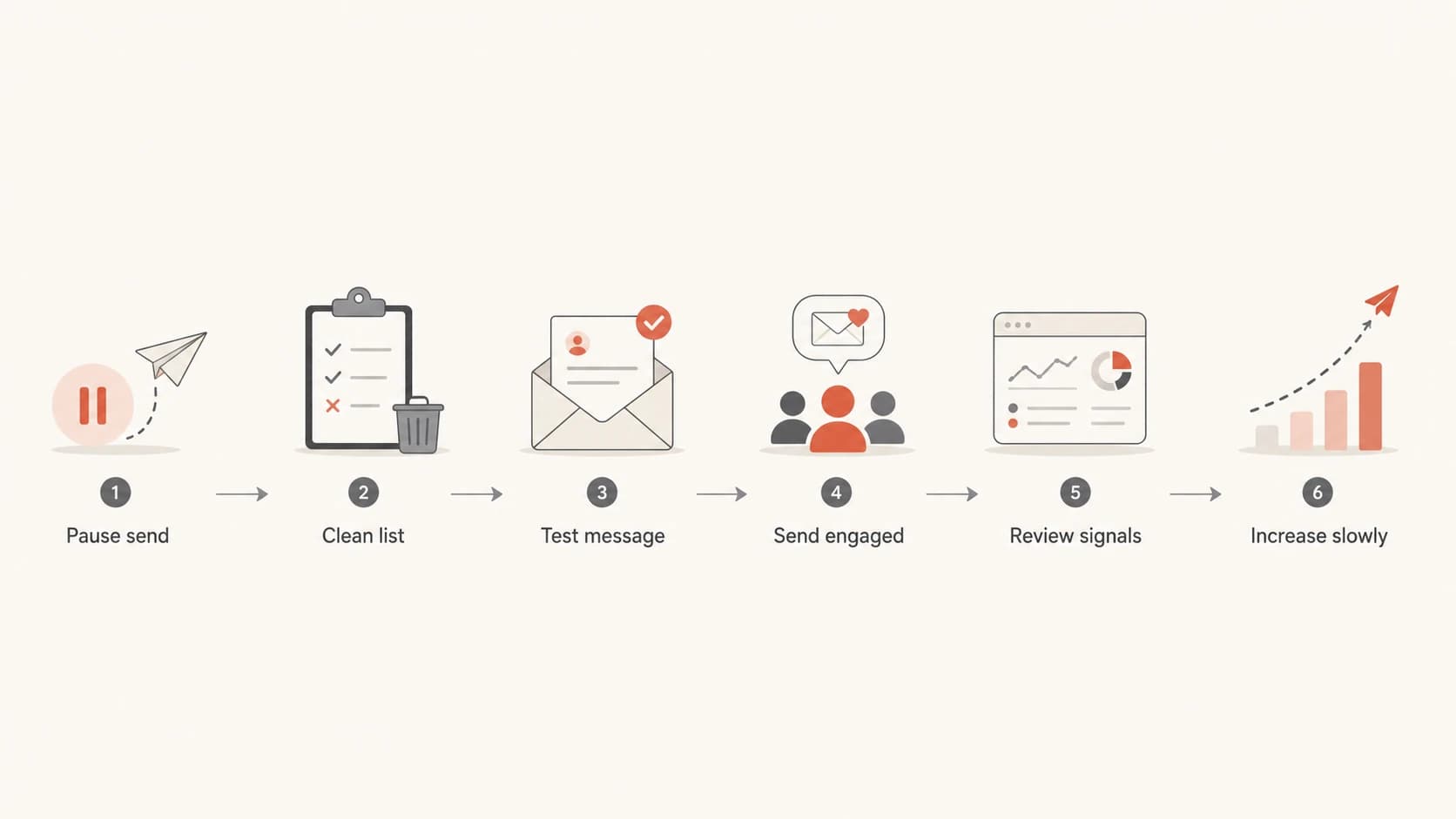 A six-step flowchart for restarting email warm up after a pause.