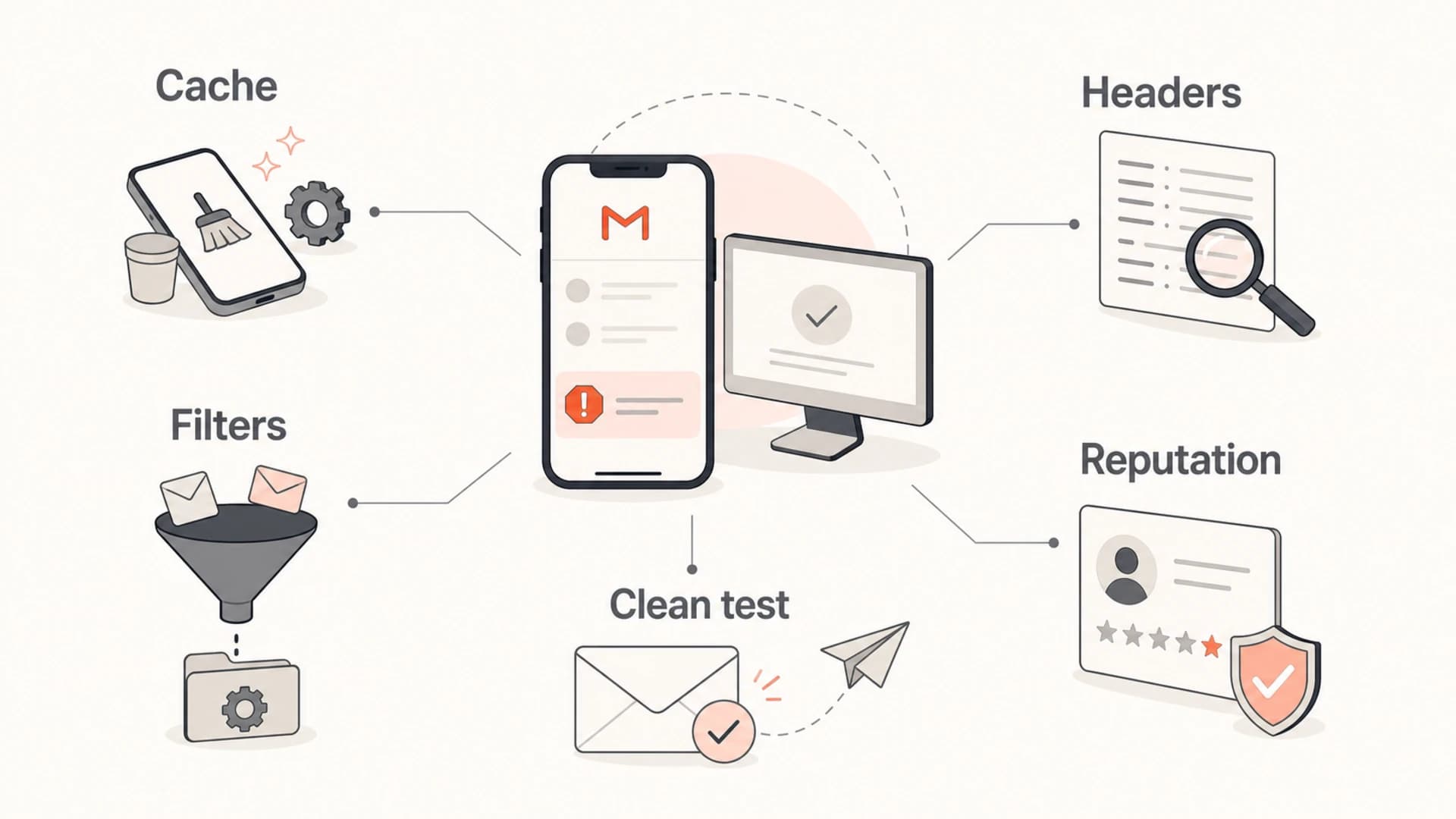Five-part checklist for fixing Gmail mobile spam and desktop Gmail mismatch.