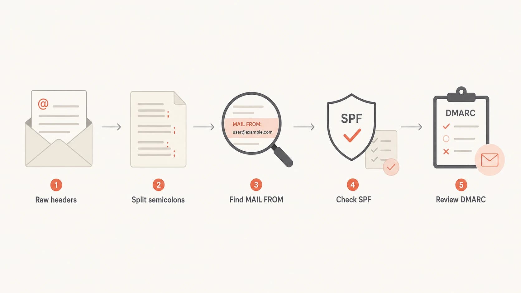 A five-step flowchart for parsing an email authentication header.
