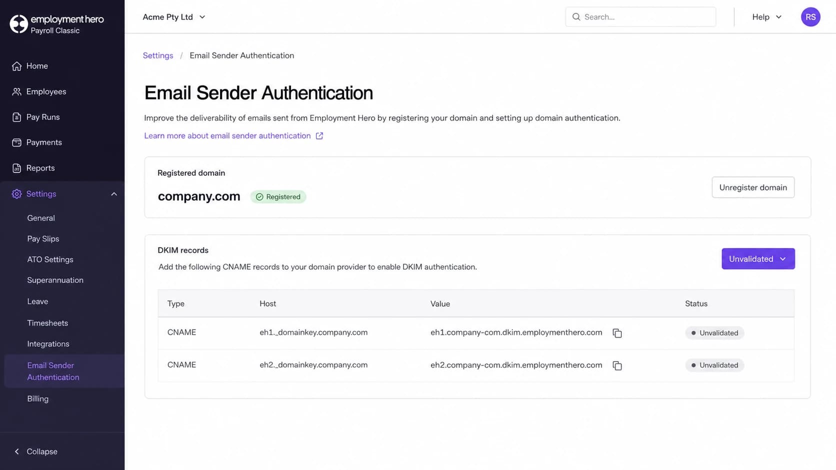 Employment Hero DKIM CNAME records waiting for DNS validation