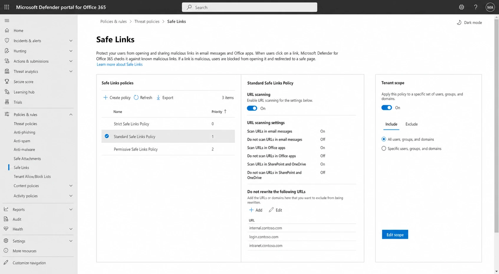 Microsoft Defender portal Safe Links policy settings