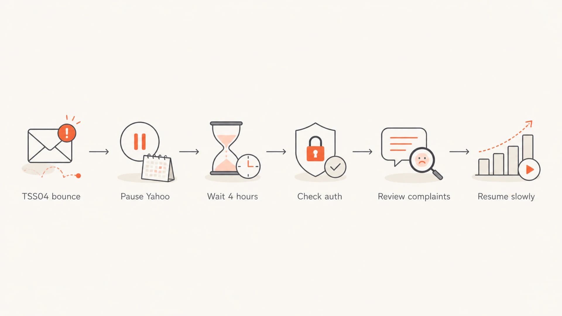 Flowchart showing how to move from a TSS04 bounce to controlled Yahoo retry.