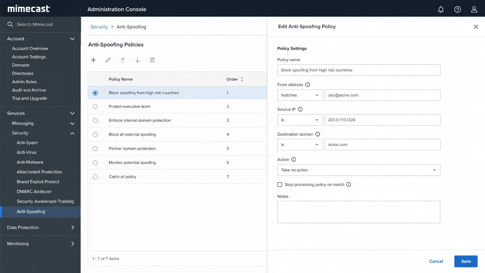 Mimecast Anti-Spoofing policy screen with sender and action fields.
