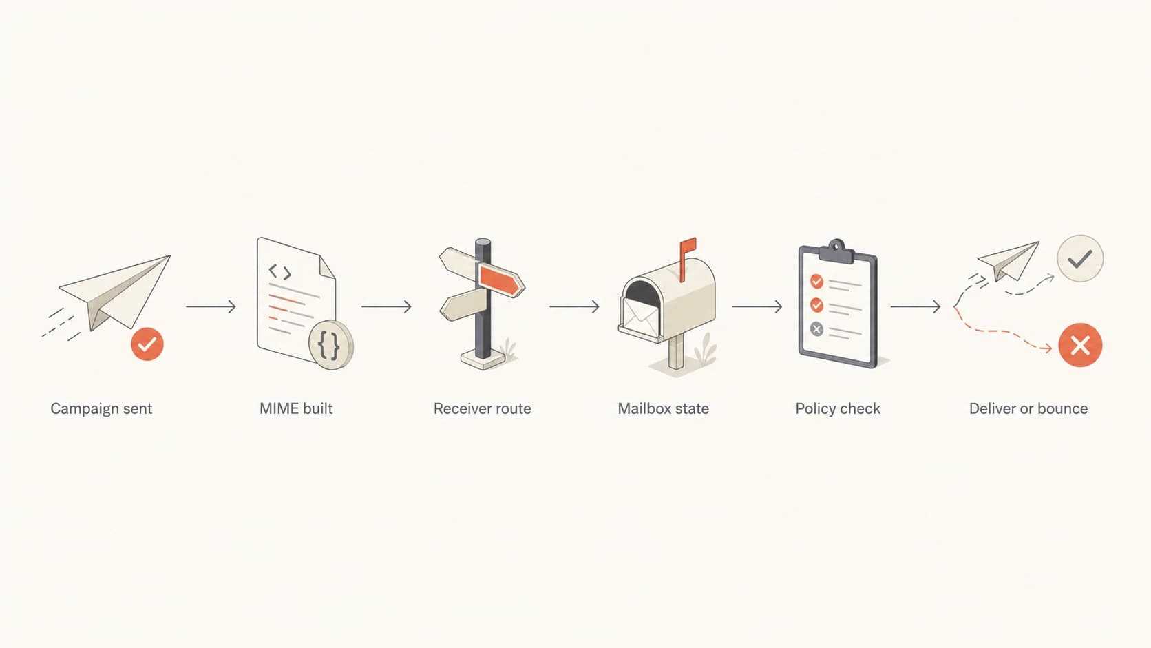 Flowchart showing how campaign size, routing, mailbox state, and policy checks lead to delivery or bounce.