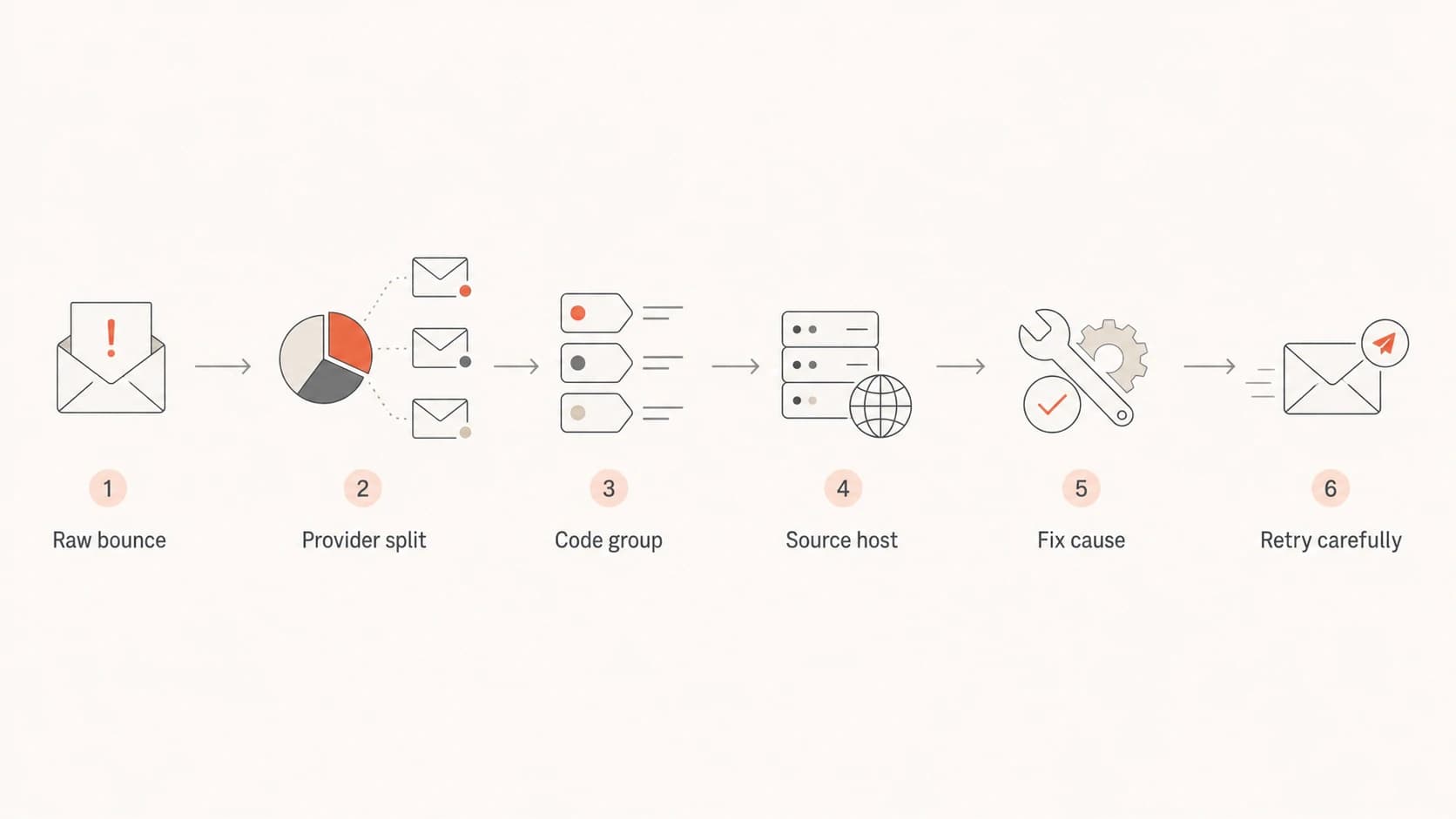 Flowchart showing a soft bounce investigation from raw bounce text to careful retry.