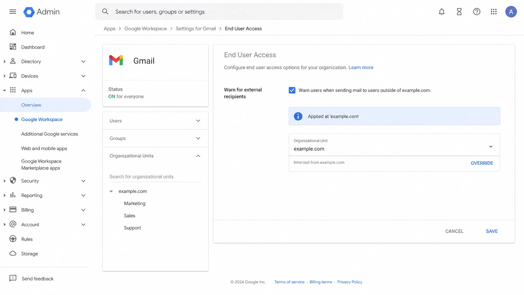 Google Admin console setting for external recipient warnings.
