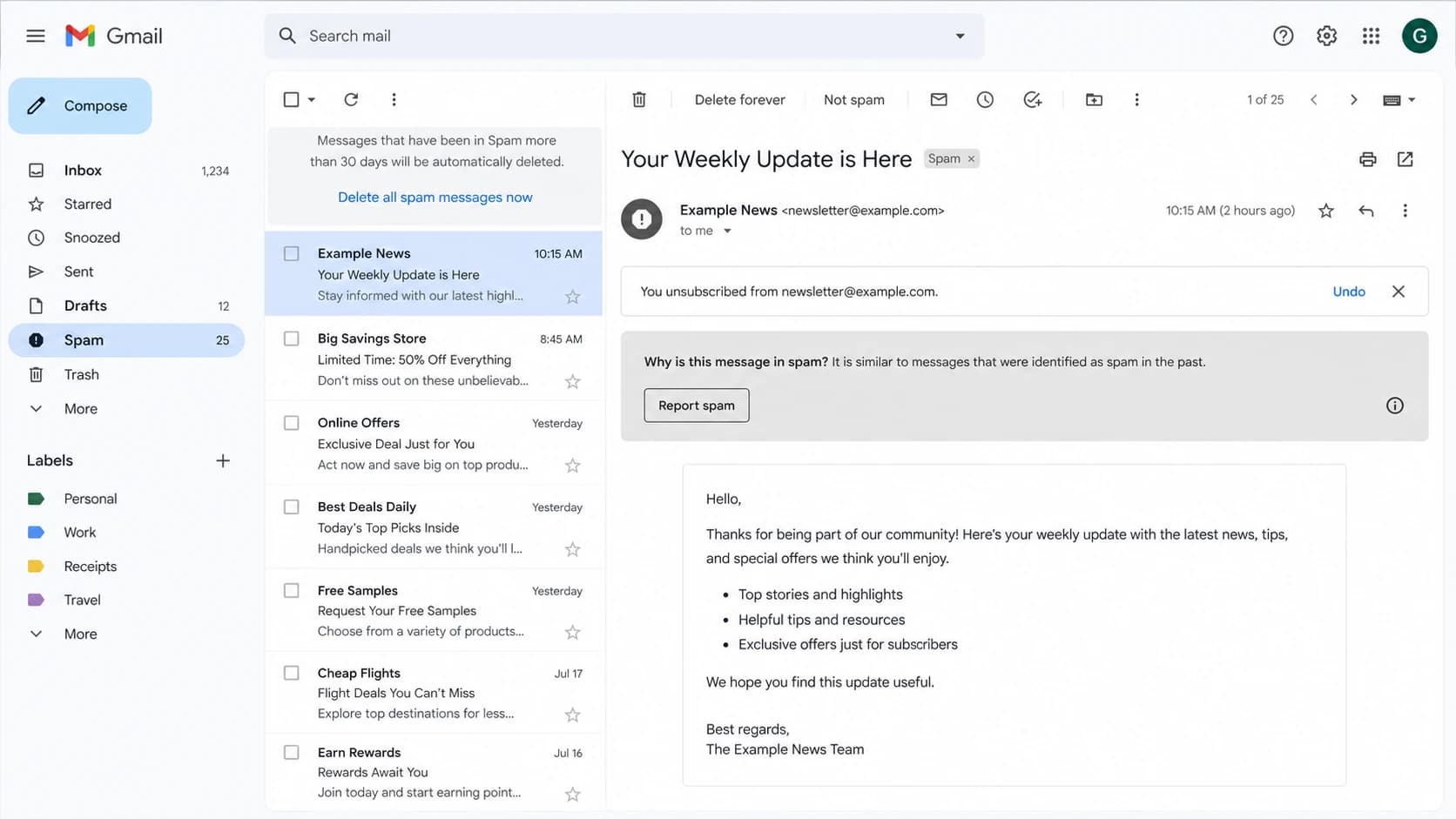 A Gmail message view showing an unsubscribe status banner near the top of the email.