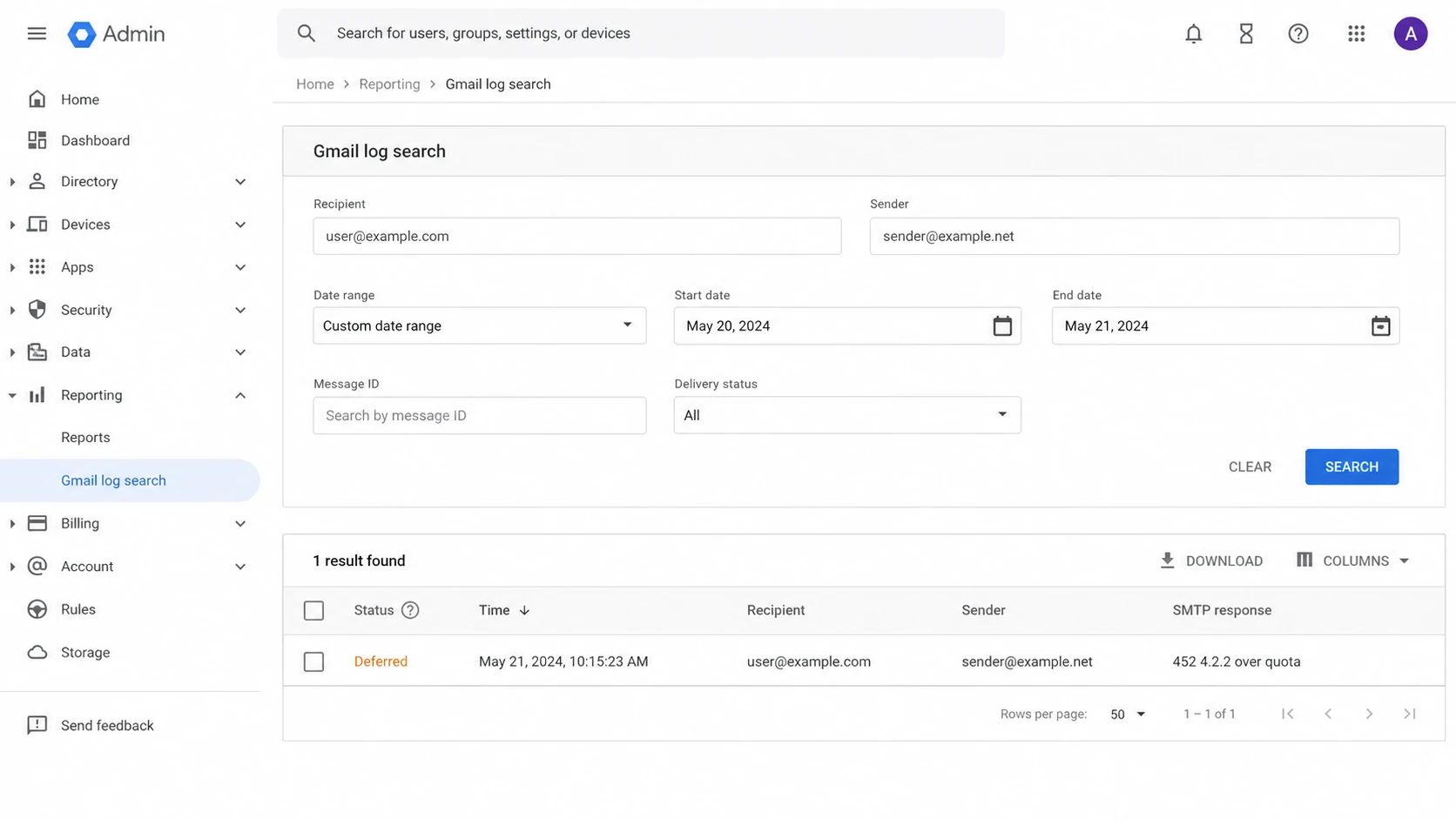 Google Workspace Admin console email log search showing a deferred Gmail quota result.