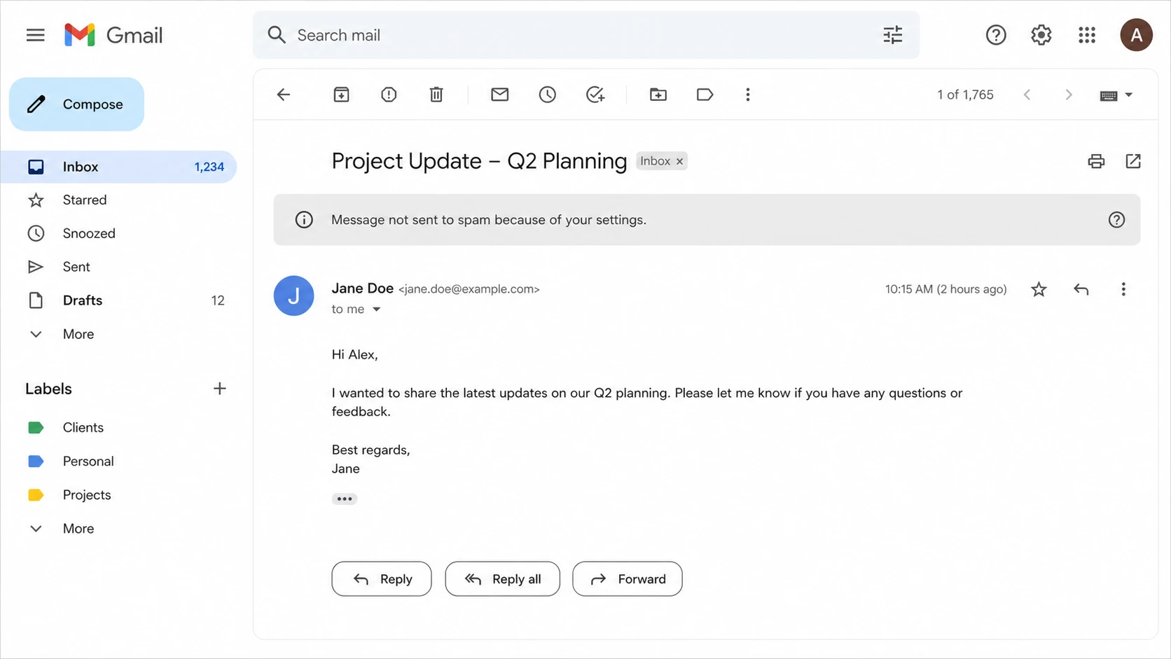 Gmail message view with a grey warning banner above an email